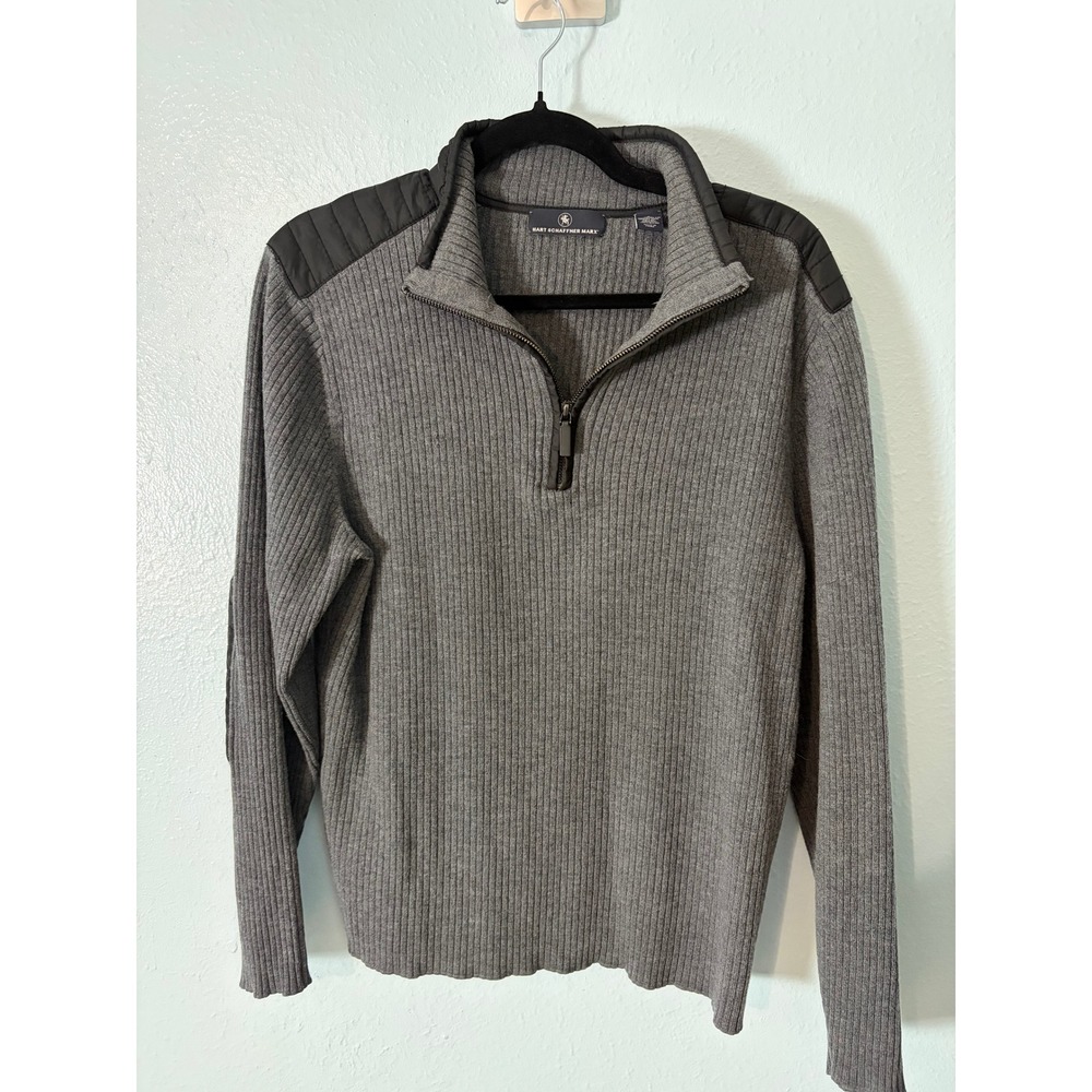 Hart Schaffner Marx Merino Wool Quarter Zip Sweater Gray Quilted Elbow Patch L